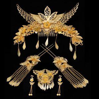 Set Of 5: Metal Fringe Floral Hair Claw + Hair Pin + Earring Set - Tiara - One Size