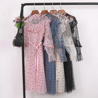 Set: Bell-sleeve Midi Dotted Mesh Dress + Spaghetti Strap Dress