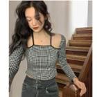 Mock Two-piece Long-sleeve Gingham Check Crop Top Gingham - Black & White - One Size