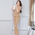 Set: Elbow-sleeve Ruffle Top + Wide-leg Pants