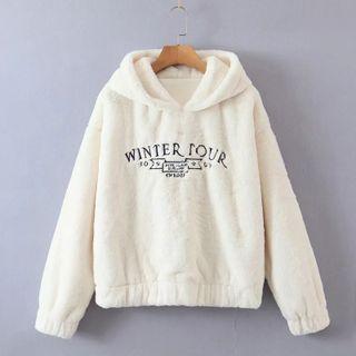 Lettering Embroidered Fluffy Hoodie