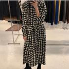Flower Print Long-sleeve Midi A-line Dress Black - One Size