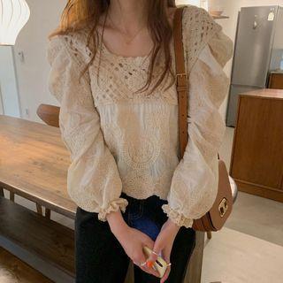 Balloon-sleeve Paneled Floral Embroidered Blouse Almond - One Size