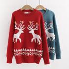 Deer Patterned Round Neck Sweater