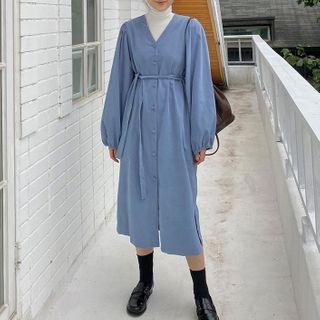 Puff-sleeve Corduroy Midi Dress Blue - One Size