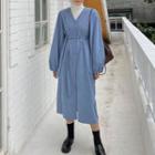Puff-sleeve Corduroy Midi Dress Blue - One Size