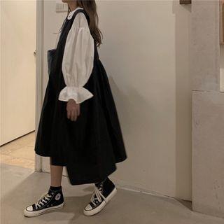 Long-sleeve Frill Trim Top / A-line Midi Pinafore Dress