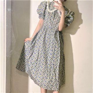 Short-sleeve Flower Print Midi A-line Dress Dress - Green - One Size