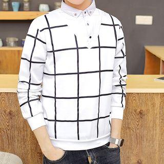 Mock Two Piece Window Pane Collared Long Sleeve Top