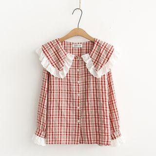 Long-sleeve Lace Trim Plaid Blouse