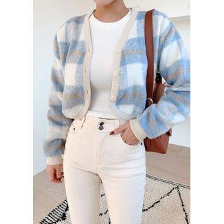 Plaid Fuzzy Knit Crop Cardigan Blue - One Size