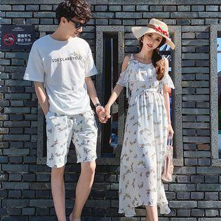 Couple Matching Short-sleeve T-shirt / Floral Shorts / Cold Shoulder Midi Dress
