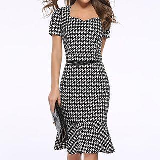 Houndstooth Short-sleeve Mermaid Dress With Belt