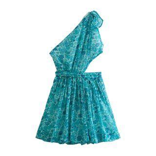 Sleeveless One-shoulder Cutout Floral Mini Dress