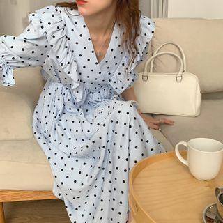 Bell-sleeve Ruffle Trim Polka Dot Dress