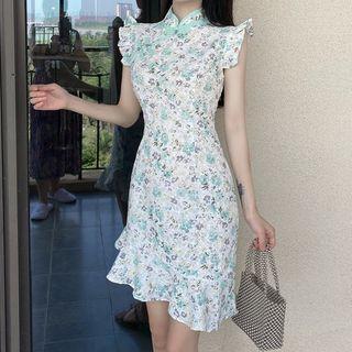 Sleeveless Floral Embroidered Asymmetrical Mini Mermaid Qipao Dress