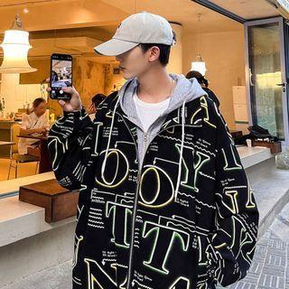 Mock Two-piece Lettering Zip-up Hoodie