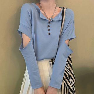 Long-sleeve Cutout Buttoned T-shirt