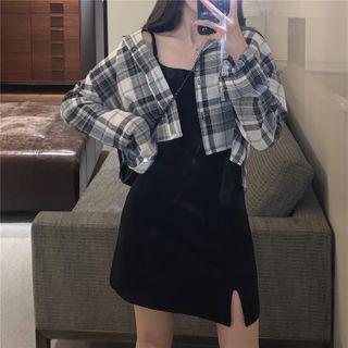 Spaghetti Strap Plaid Mini Sheath Dress / Plaid Shirt