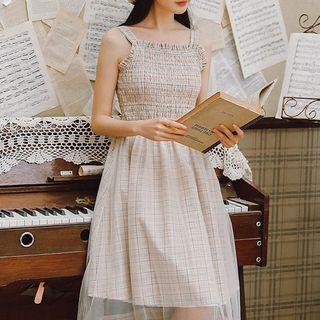 Sleeveless Plaid Mesh Paneled A-line Midi Dress