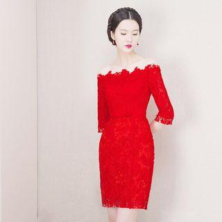 Off Shoulder 3/4-sleeve Sheath Crochet Lace Cocktail Dress