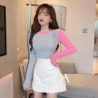 Long-sleeve Two-tone T-shirt / Mini A-line Skirt