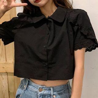 Plain Wood Ear Flower Trim Short-sleeve Cropped Shirt