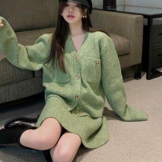 V-neck Cardigan Jacket - Green - One Size