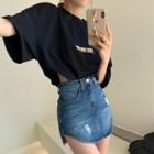 Mini Fitted Denim Skirt / Elbow-sleeve Lettering T-shirt