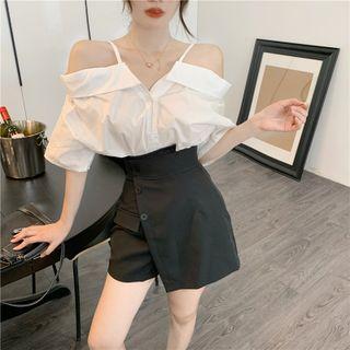 Cold Shoulder Oversized Blouse / High Waist Shorts