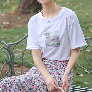 Round-neck Loose-fit Print Short-sleeve Top