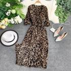 Leopard Elbow-sleeve Midi A-line Dress Leopard - One Size