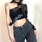 Buckled One-shoulder Faux Leather Crop Top