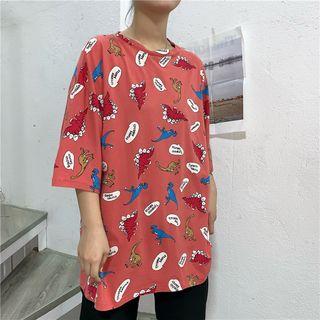Oversize Dinosaur Print Elbow-sleeve T-shirt