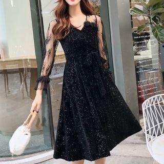 Lace-sleeve A-line Velvet Cocktail Dress