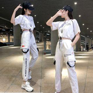Set: Elbow-sleeve Cropped T-shirt + Cargo Jogger Pants