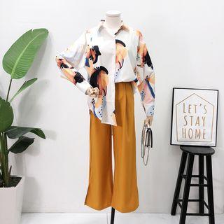 Set: Dip-back Printed Shirt + Wide-leg Pants