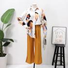 Set: Dip-back Printed Shirt + Wide-leg Pants