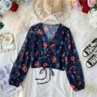 Long-sleeve Floral-print Lace-up Chiffon Top