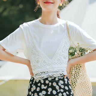 Mock Two-piece Crochet Panel Short-sleeve T-shirt