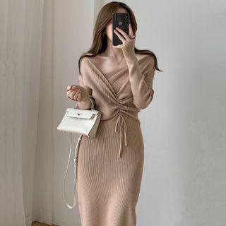 Long-sleeve Drawstring Slit Knit Midi Sheath Dress