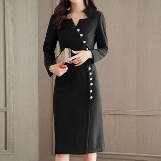 Button Detail Long-sleeve Midi Sheath Dress