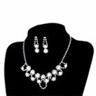 Set: Rhinestone Faux Pearl Drop Earring + Necklace Set - Drop Earring & Necklace - Silver - One Size
