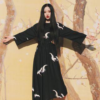 Long-sleeve Print Cutout Midi Dress White & Black - One Size