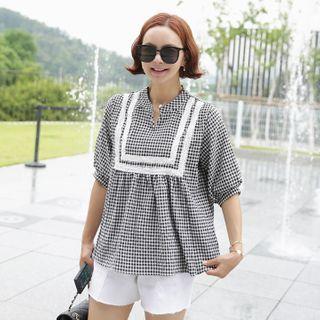 Open-placket Lace-detail Checked Top