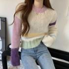 Round-neck Color Block Knit Sweater White & Purple - One Size
