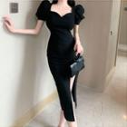 Puff-sleeve Plain Side-slit Slim-fit Dress