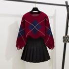 Argyle Distressed Sweater / Mini Pleated Skirt / Set