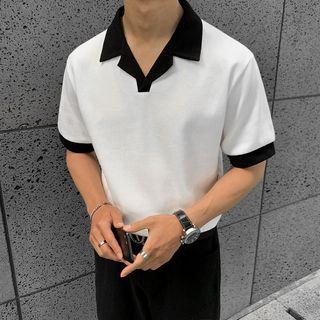 Short-sleeve Polo Collar Color-block Top