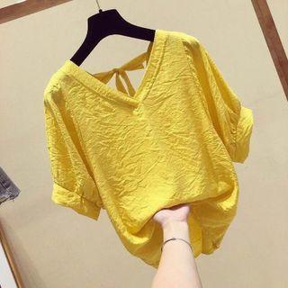 Short-sleeve V-neck Tie-back Chiffon Blouse